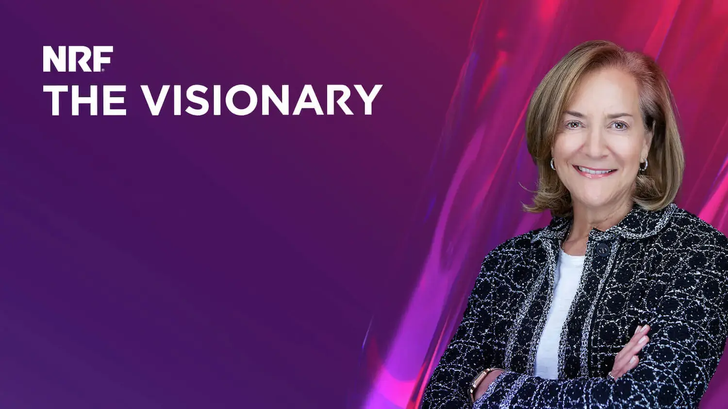 NRF Foundation Honors Visionary Fran Horowitz poses in front of a digitally rendered backdrop of purple and red shimmering gradients. On the left side of the image, in white blocky letters, NRF The Visionary.